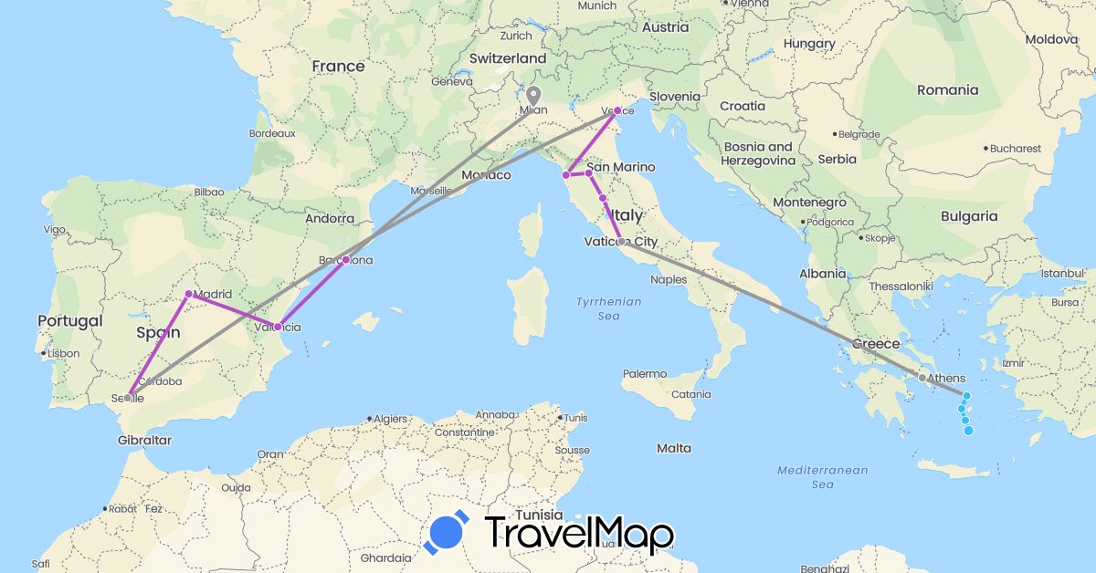 TravelMap itinerary: driving, plane, train, boat in Spain, Greece, Italy (Europe)