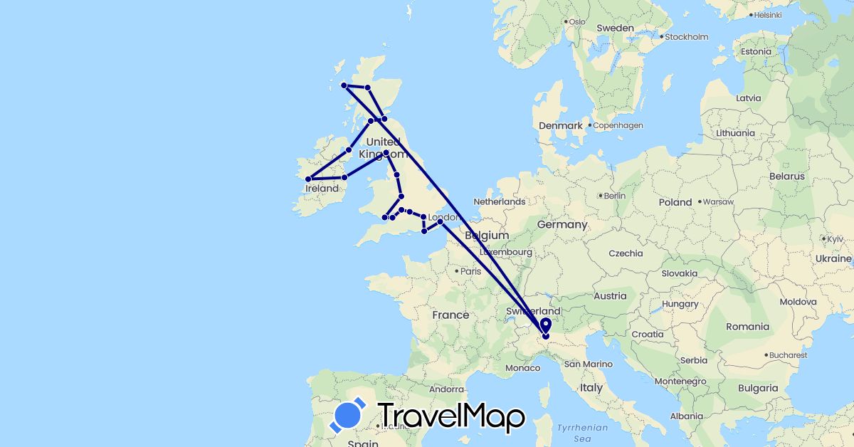 TravelMap itinerary: driving in United Kingdom, Ireland, Italy (Europe)